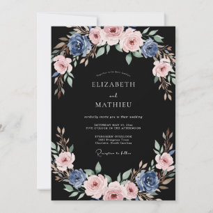 Invitación Boda Flores Pinceladas Rosa Azul Polvoriento