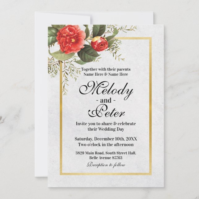 Invitación Boda Flores Rojas Navidades de la Fiesta Gris Oro (Anverso)
