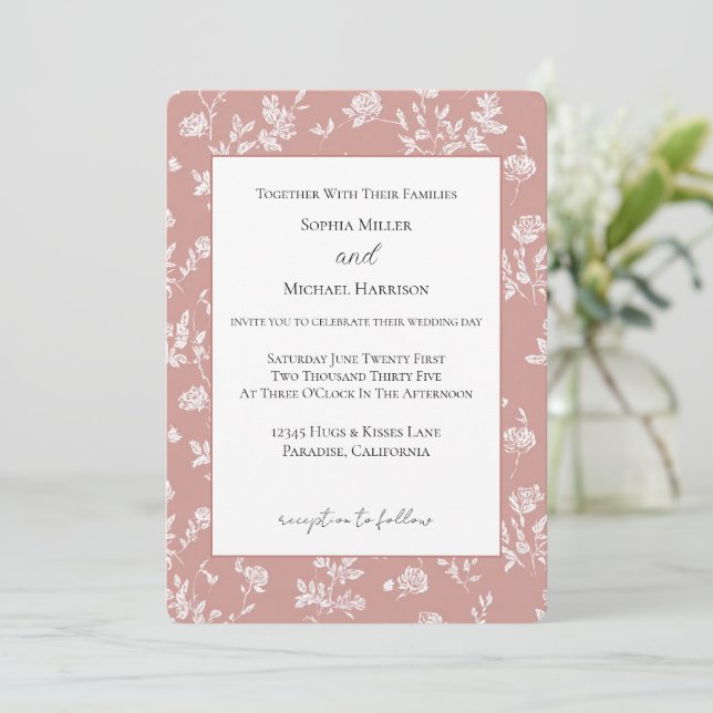 Invitación Boda Flores Rosadas Blancas Rosas (Anverso de pie)