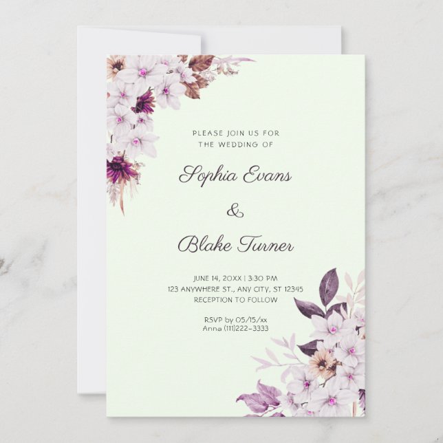 Invitación Boda Flores Rosadas Blancas Rústicas Boho Verde Cl (Anverso)