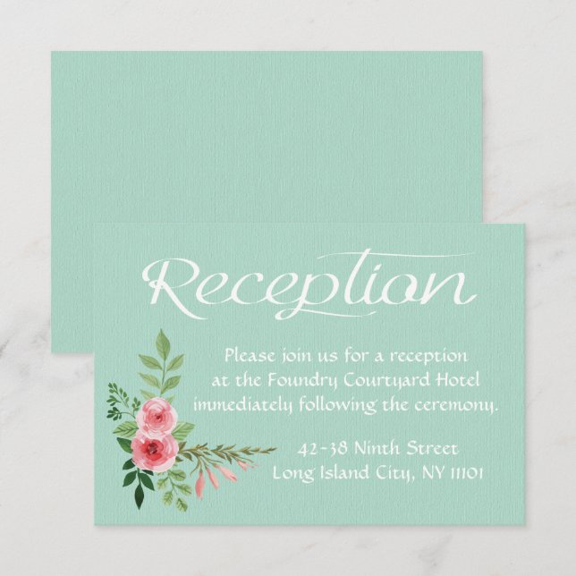Invitación Boda Flores Rosadas Recepción Verde Menta Floral (Anverso / Reverso)