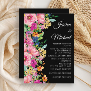 Invitación Boda Flores Silvestres Acuarela Negra Rosa Amarill