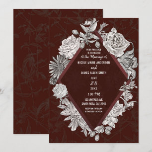 Invitación Boda Flores Vintage Diamante Burgundy Granate