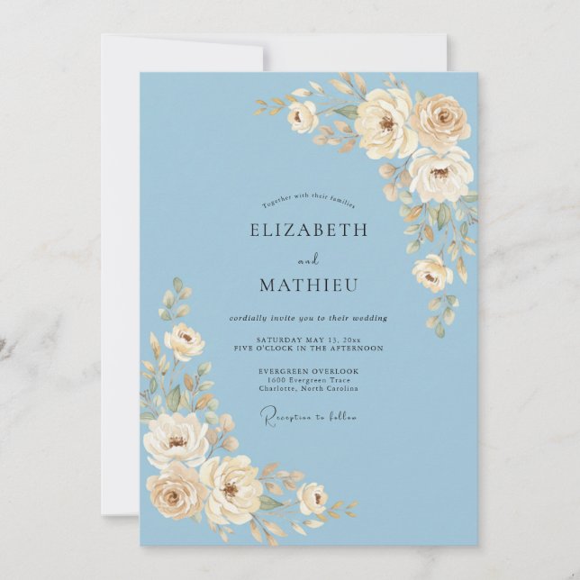 Invitación Boda Florescencia de Crema Azul (Anverso)