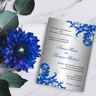 Invitación Boda florido azul y plateado real