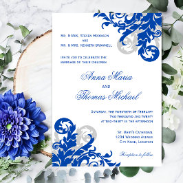 Invitación Boda florido azul y plateado real