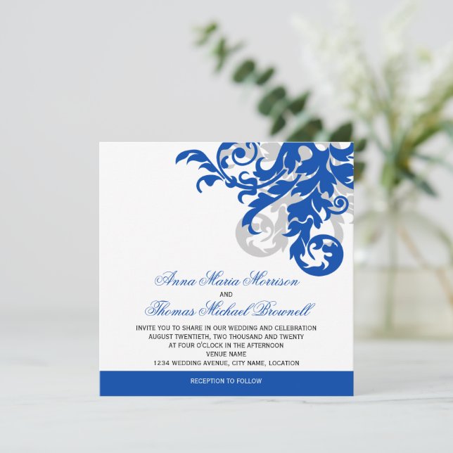 Invitación Boda florido azul y plateado real (Anverso de pie)