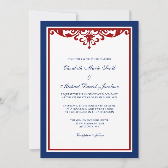 Invitación Boda florido azul y rojo de la Marina (Anverso)