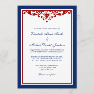 Invitación Boda florido azul y rojo de la Marina