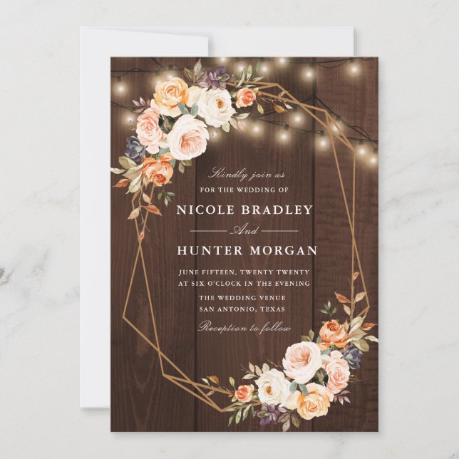 Invitación boda florido con luces de cuerda de madera rústica (Anverso)