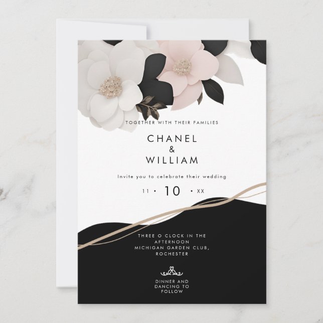 Invitación Boda florido de cancion negro y blanco (Anverso)