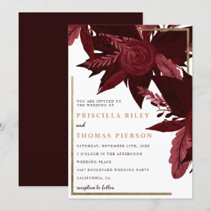 Invitación boda florido de color burdeos de color dorado