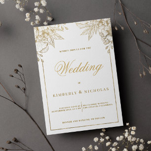 Invitación Boda florido dorado y blanco de lujo