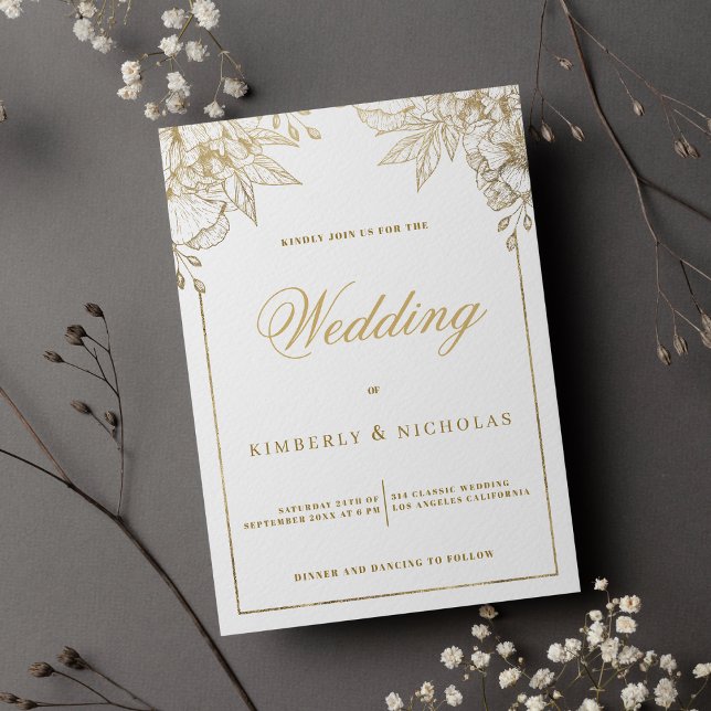 Invitación Boda florido dorado y blanco de lujo (Luxury white and gold floral wedding)