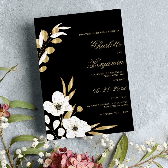Invitación Boda florido elegante de oro blanco negro (Black white gold elegant luxury floral wedding )