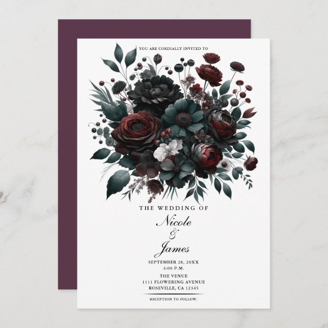 Invitación Boda florido elegante del bosque húmedo (Anverso / Reverso)