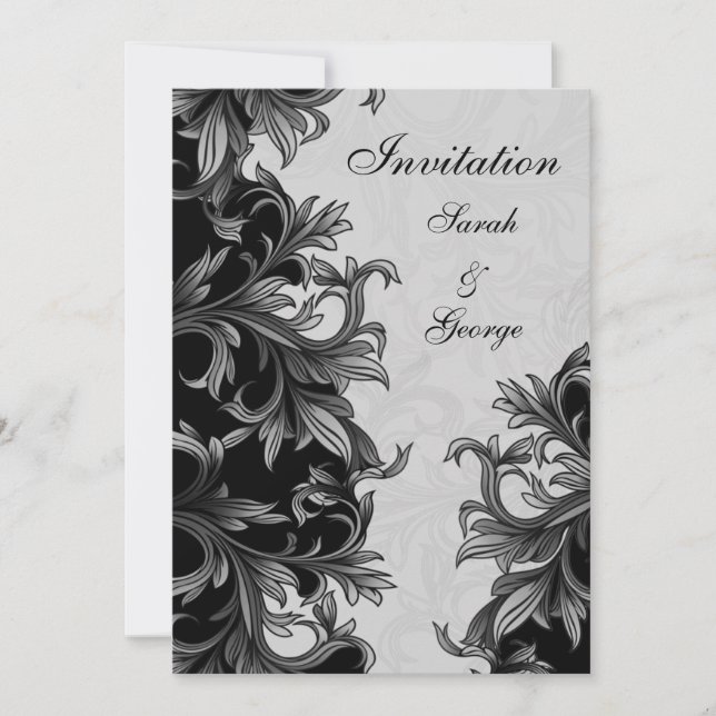 Invitación boda florido gris negro y plateado (Anverso)