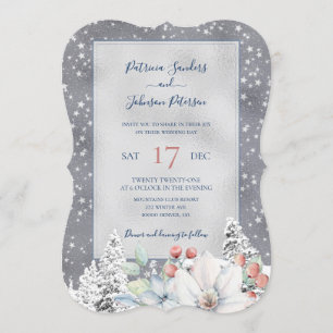Invitación Boda florido rústico de invierno con copos de niev