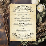 Invitación Boda floritura de pergamino vintage<br><div class="desc">Una impresionante invitación de boda con florituras ornamentadas de volutas negras en un fondo de papel de pergamino envejecido con bordes cálidos y desgastados. El nombre de la escritura caligráfica y la tipografía serif refinada evocan el encanto de la correspondencia antigua para un ambiente verdaderamente antiguo. Todo el texto, incluidos...</div>