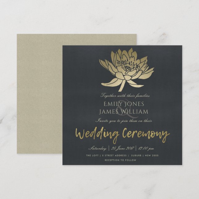 Invitación Boda FLOTAL GLAMOROSO AZUL DE ORO NEGRO LOTUS (Anverso / Reverso)