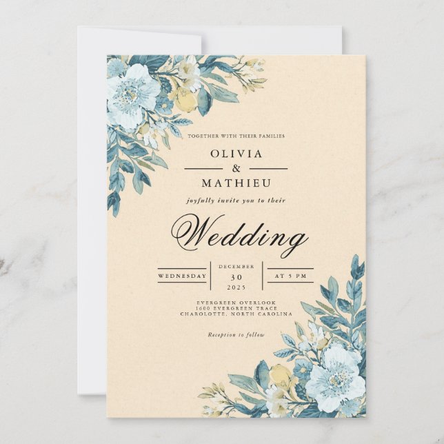 Invitación Boda Flourish Botánico Azul Suave (Anverso)