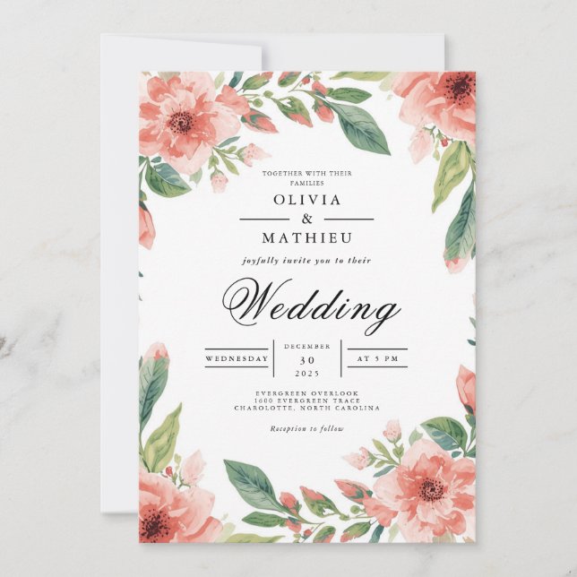 Invitación Boda Flourish de Arco Coral (Anverso)
