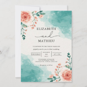 Invitación Boda Flourish de lavado verde azulado