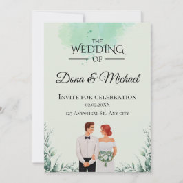 Invitación Boda fluida con acuarela verde personalizada
