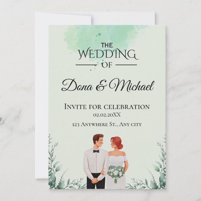 Invitación Boda fluida con acuarela verde personalizada (Anverso)