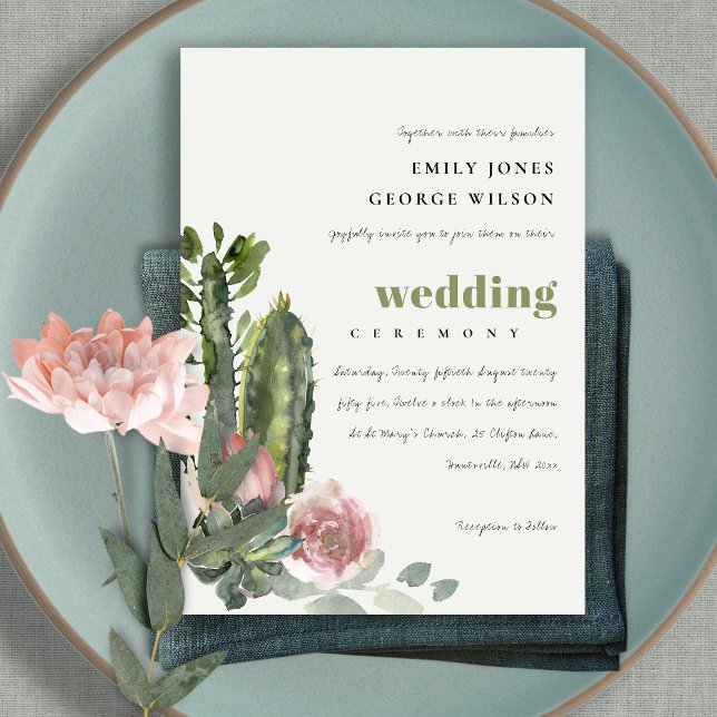 Invitación Boda FOLIAGE DE CACTI, DESIERTO DE LA FLORAL ROSA  (Subido por el creador)