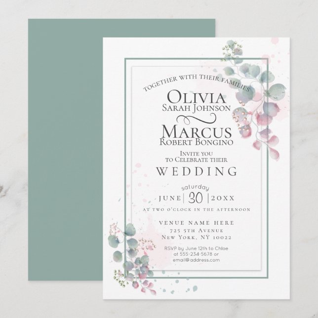 Invitación Boda | Foliage de eucalipto de acuarela moderna (Anverso / Reverso)
