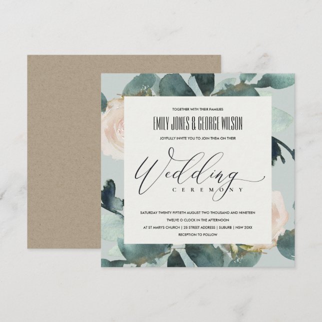 INVITACIÓN BODA FOLIAGE DE EUCALYPTUS RUBOR ROSA GRAY KRAFT (Anverso / Reverso)