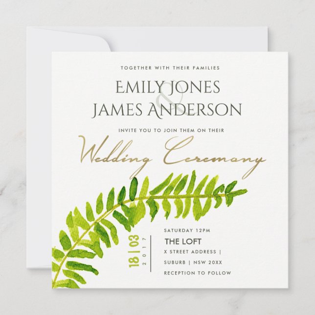 Invitación Boda FOLIAGE FERN GREEN GOLD WATERCOLOR (Anverso)