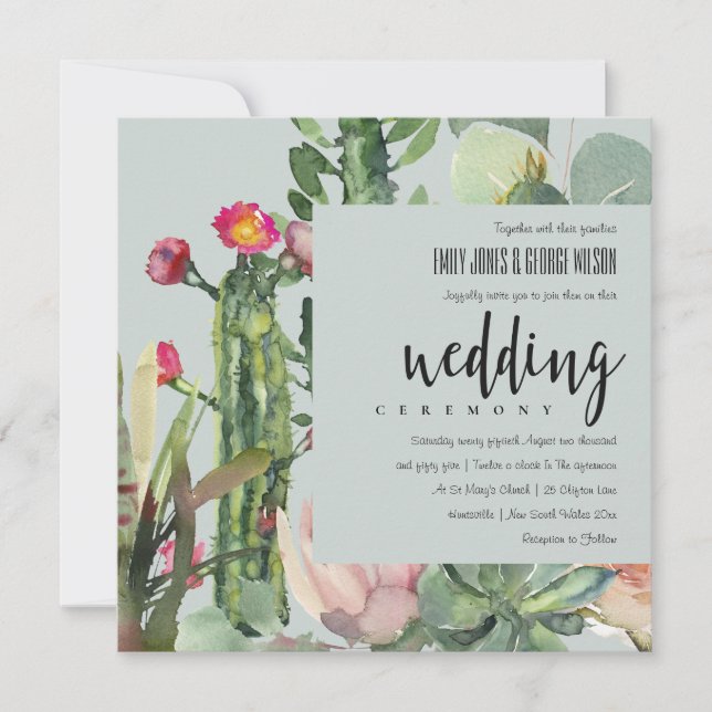 INVITACIÓN BODA FOLIAGE GRIS BOHO PINK FLORAL DESERT CACTI (Anverso)