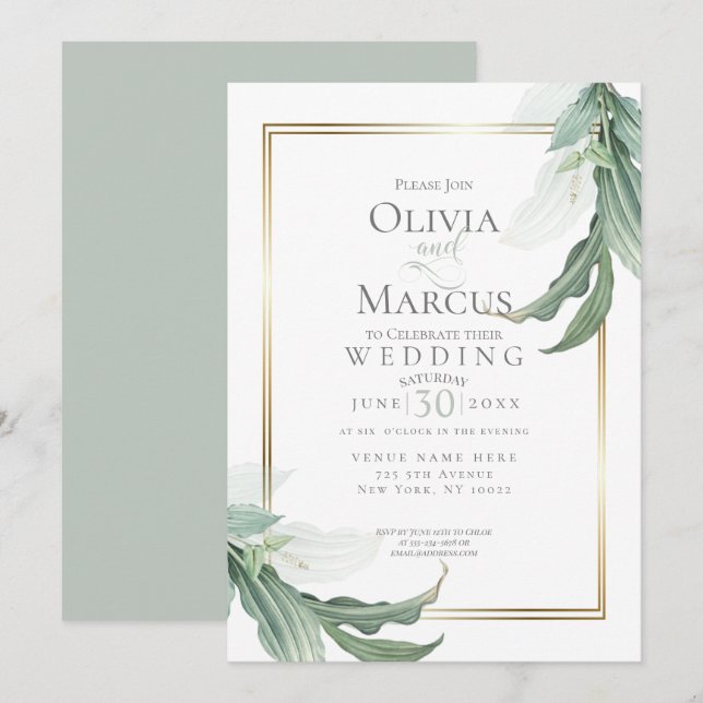 Invitación Boda | Foliage trópico elegante y verde turbio (Anverso / Reverso)