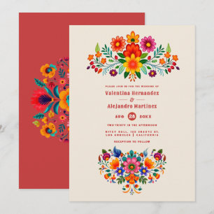 Invitación Boda Folk Art de Lino Cremoso y Rojo Fiesta