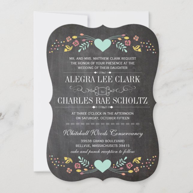 Invitación Boda Folksy Rustic Floral Garland Chalkboard (Anverso)