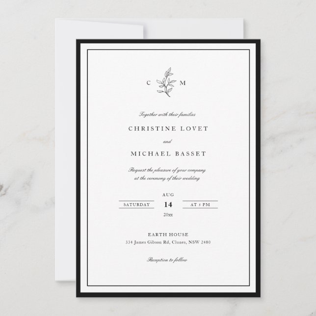Invitación Boda follaje blanco y negro de clase simple (Anverso)