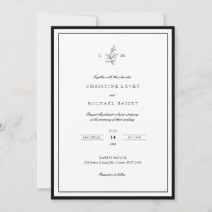 Invitación Boda follaje blanco y negro de clase simple