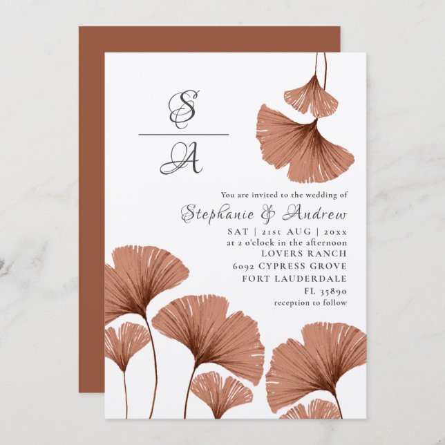 Invitación Boda follaje moderno Terracotta Ginkgo (Anverso / Reverso)