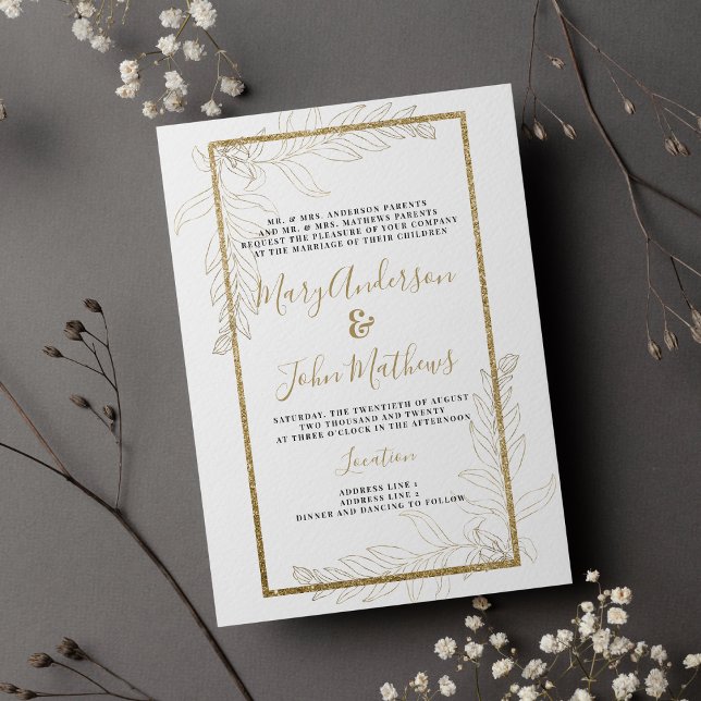 Invitación Boda follaje purpurina de oro de lujo de moda (Chic luxury gold glitter foliage Wedding )