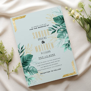 Invitación Boda follaje purpurina de oro verde de menta tropi