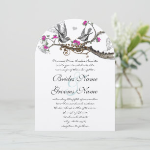 Invitación Boda Forestal de Aves Vintage Magenta Rosa y Gris