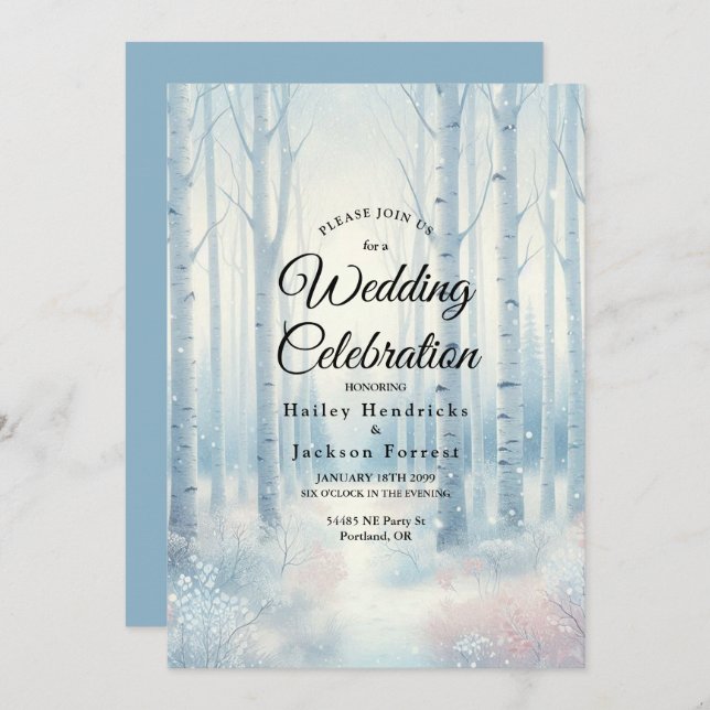 Invitación Boda Forestal de Birch Azul Escarcha (Anverso / Reverso)