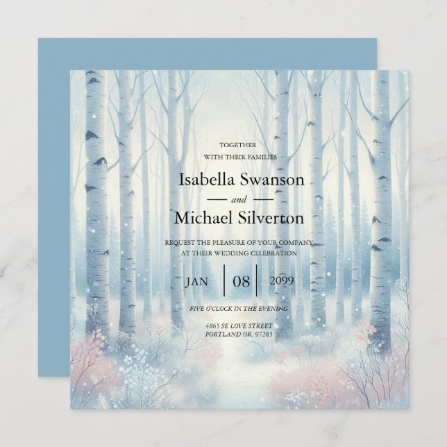 Invitación Boda Forestal de Birch Azul Escarcha (Anverso / Reverso)