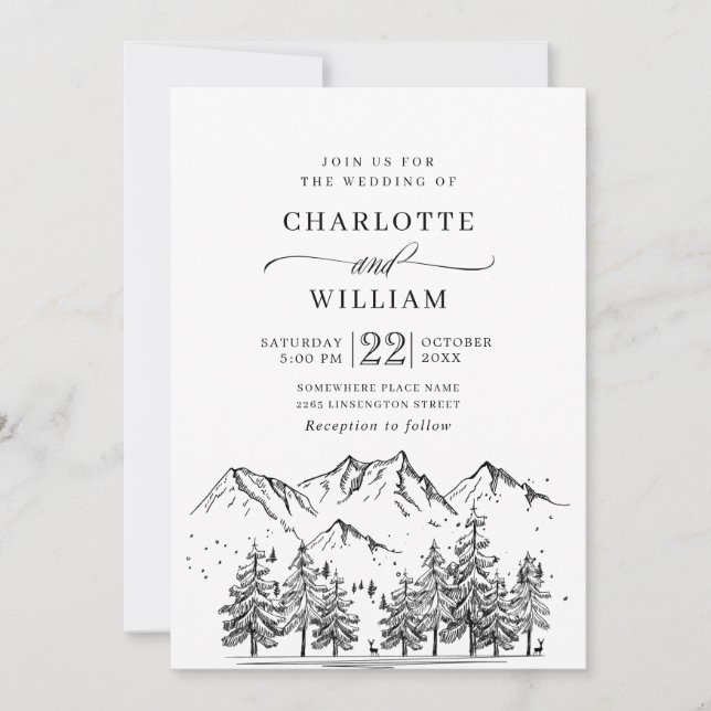Invitación Boda Forestal de las Montañas Dibujadas a Mano (Anverso)