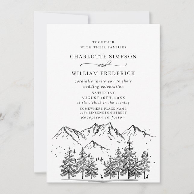Invitación Boda Forestal de las Montañas Dibujadas a Mano (Anverso)