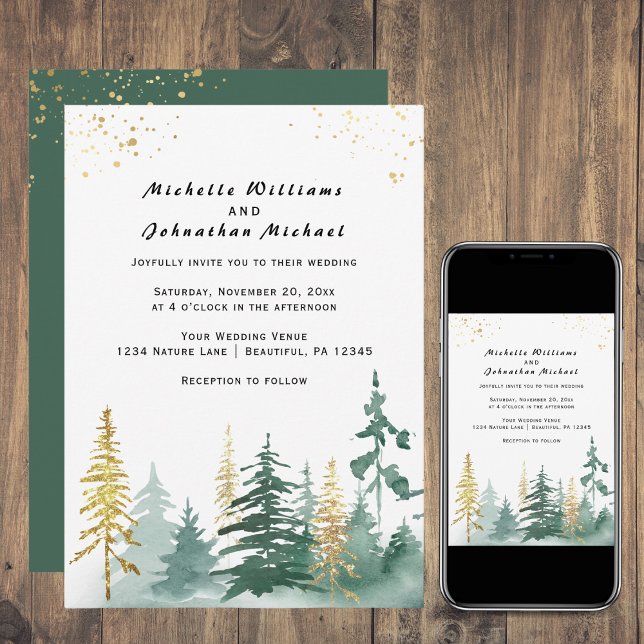Invitación Boda Forestal de Pinos Verdes de Oro Moderno (Subido por el creador)
