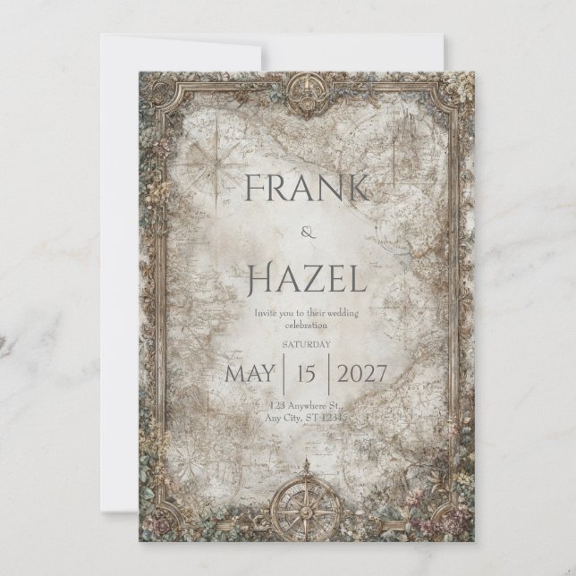 Invitación Boda forestal encantado de la brújula antigua (Anverso)