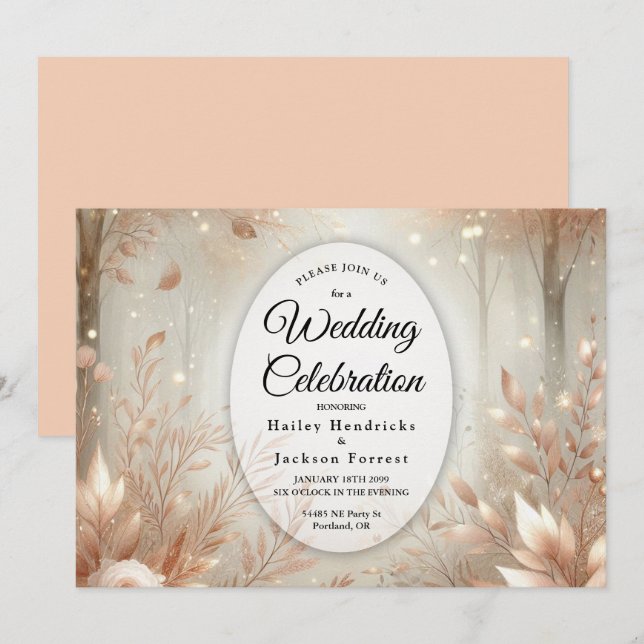 Invitación Boda Forestal Encantado en Palisandro Dorado (Anverso / Reverso)